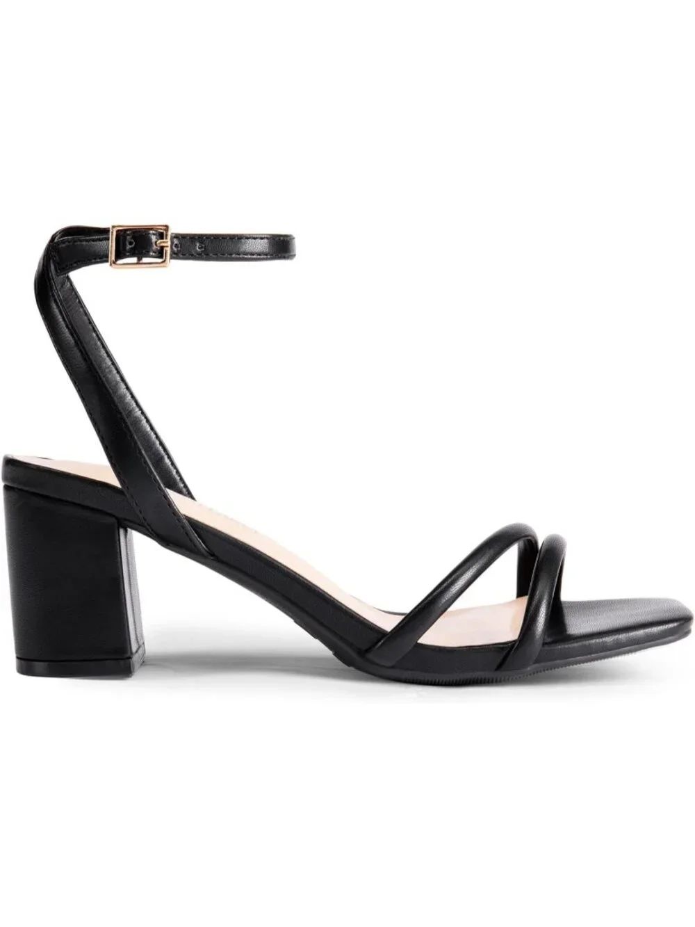 Women's Black Faux Leather Square-Toe Chunky Block Ankle Buckle Heels Sandals